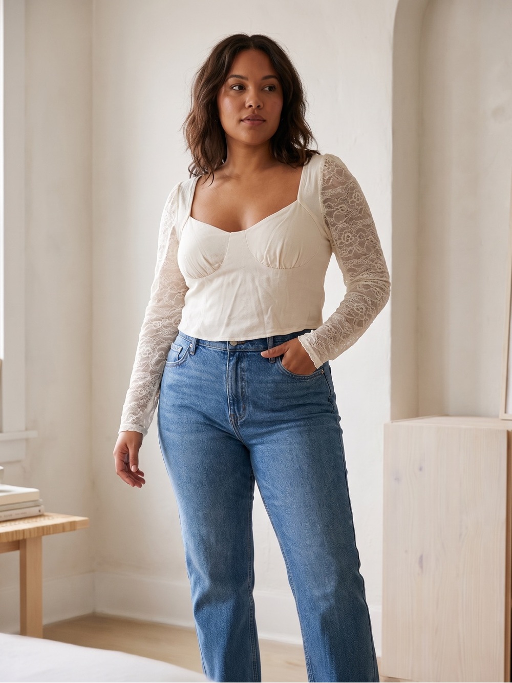 wild fable Cream Lace-Sleeve Cropped Top - Picture 6 of 6